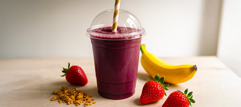 A vibrant and creamy acai smoothie in a clear plastic cup with a dome lid and paper straw, surrounded by tropical fruits like banana, strawberry, and granola