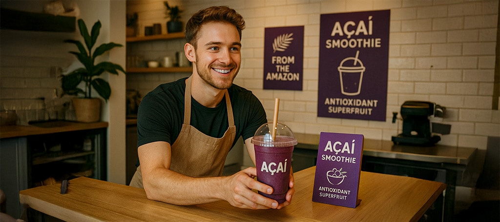 Barista in a modern Australian café presenting an acai smoothie to a customer, with branded point-of-sale materials in the background highlighting health benefits and Amazonian origin.