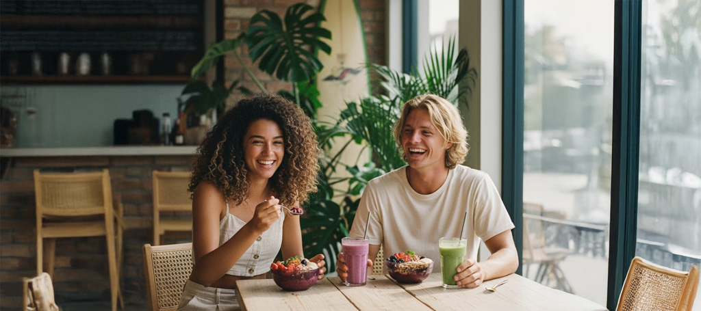Friends laughing while sharing Açaí Bowls and smoothies at a modern coastal café in Australia, bright natural light and surf vibe.