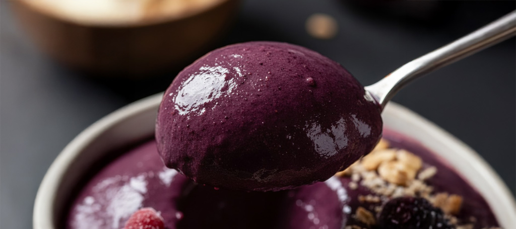 Close-up of a spoonful of creamy, rich purple açaí with granola and berries, showing smooth texture and fresh toppings.