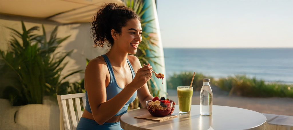 Young woman enjoying a colourful Açaí Bowl and green smoothie at a beachside café in Australia, with the ocean view in the background