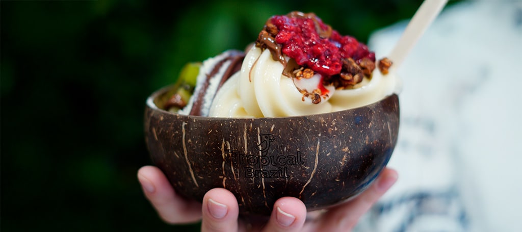 close up of a woman holding a bowl made from coconut shells, with açai cream with fruits from Tropical Brazil
