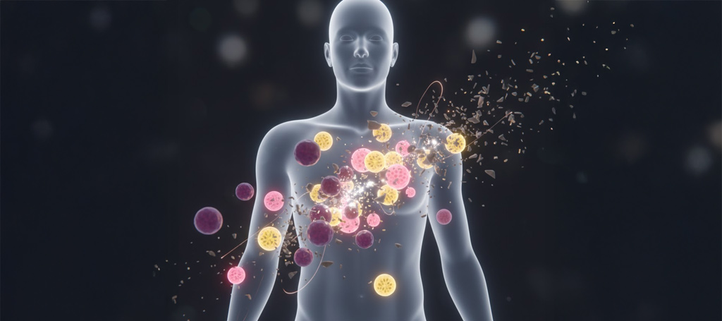 Artistic 3D visual of antioxidants neutralising free radicals inside the human body, glowing fruit-like particles symbolising cellular protection.