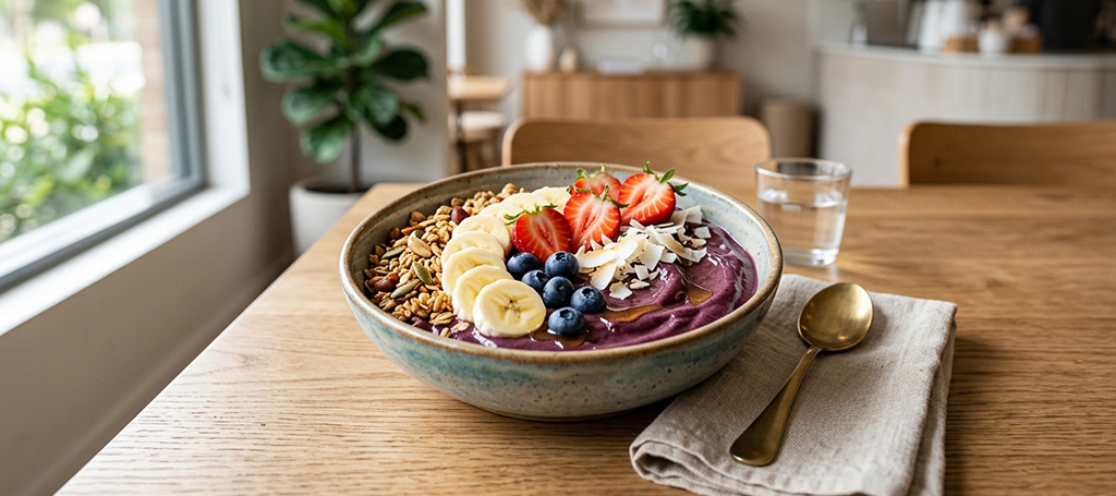 Acai bowl with banana, strawberries, blueberries and granola served in a modern café setting in Campbelltown