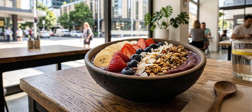 Acai bowl with banana, strawberries, blueberries and granola served in a Parramatta cafe in Sydney