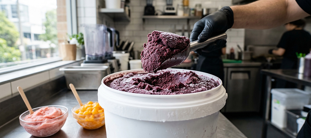 Frozen acai pulp being scooped from a wholesale bucket in a Parramatta cafe kitchen