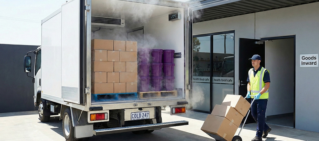 Frozen delivery truck unloading bulk açaí pulp for commercial purchase in Australia, showing cold-chain logistics and wholesale distribution for cafés and food businesses.