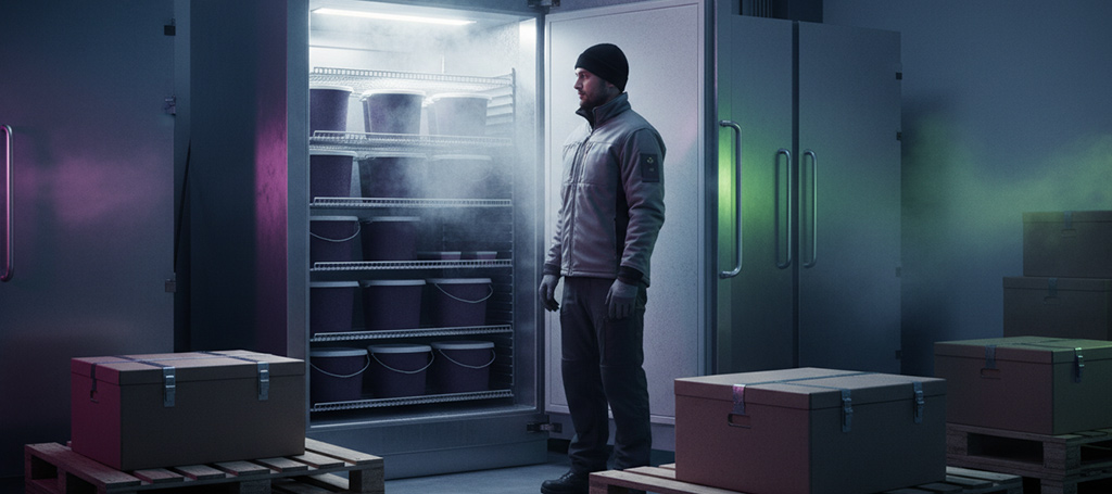 Frozen foodservice warehouse with worker checking cold storage freezer used for açaí and fruit pulp distribution.