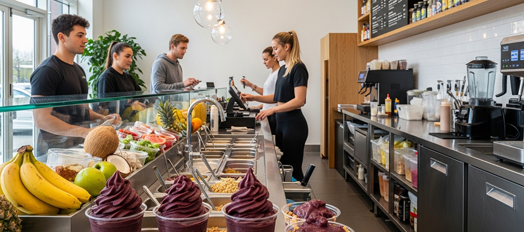 Australian smoothie bar preparing fresh açaí bowls and smoothies with toppings on display in a modern café kitchen.