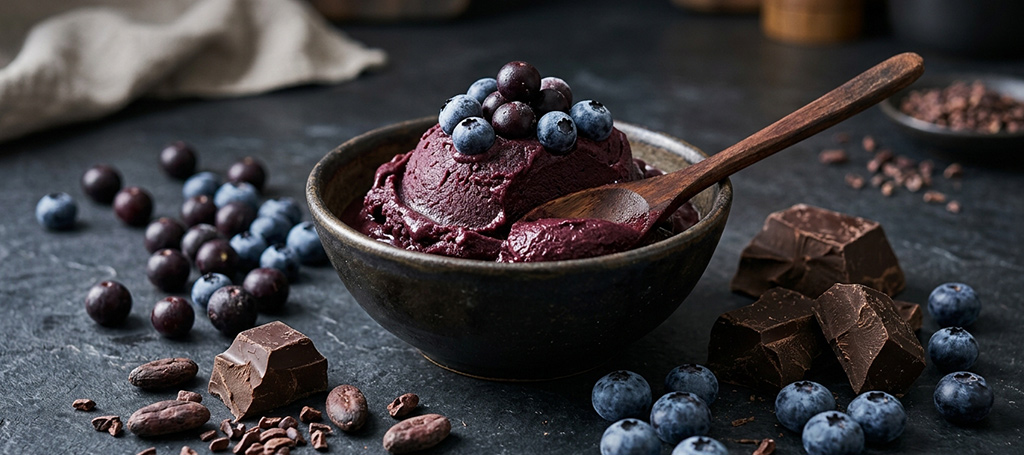Creamy açaí pulp served in a bowl with blueberries, dark chocolate pieces and cocoa beans highlighting the berry and chocolate flavour profile.