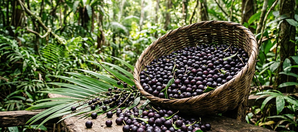 Fresh açaí berries in a woven basket in the Amazon rainforest, showing the natural origin of the fruit used to make açaí pulp.
